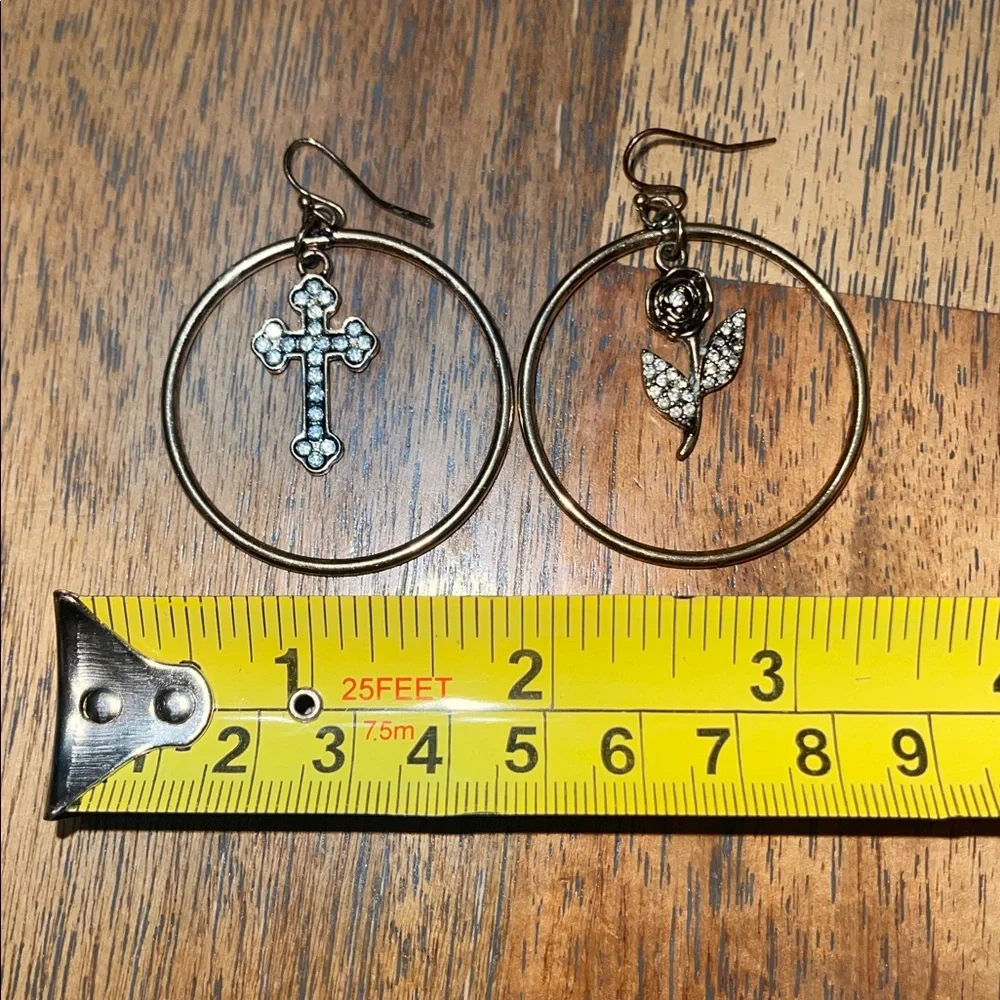 Vintage Gold Hoop Earrings Crystal Rose and Cross Charms Mismatched Jewelry